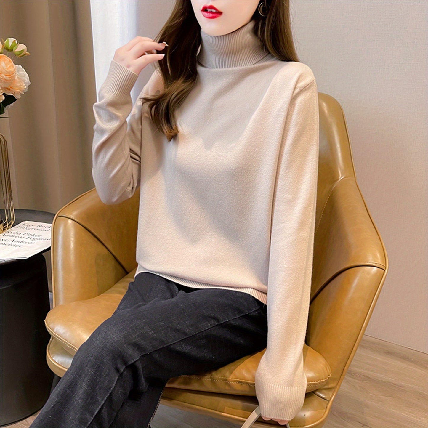 Simple Solid Turtle Neck Knitted Sweater, Elegant Long Sleeve Sweater For Fall & Winter, Women's Clothing