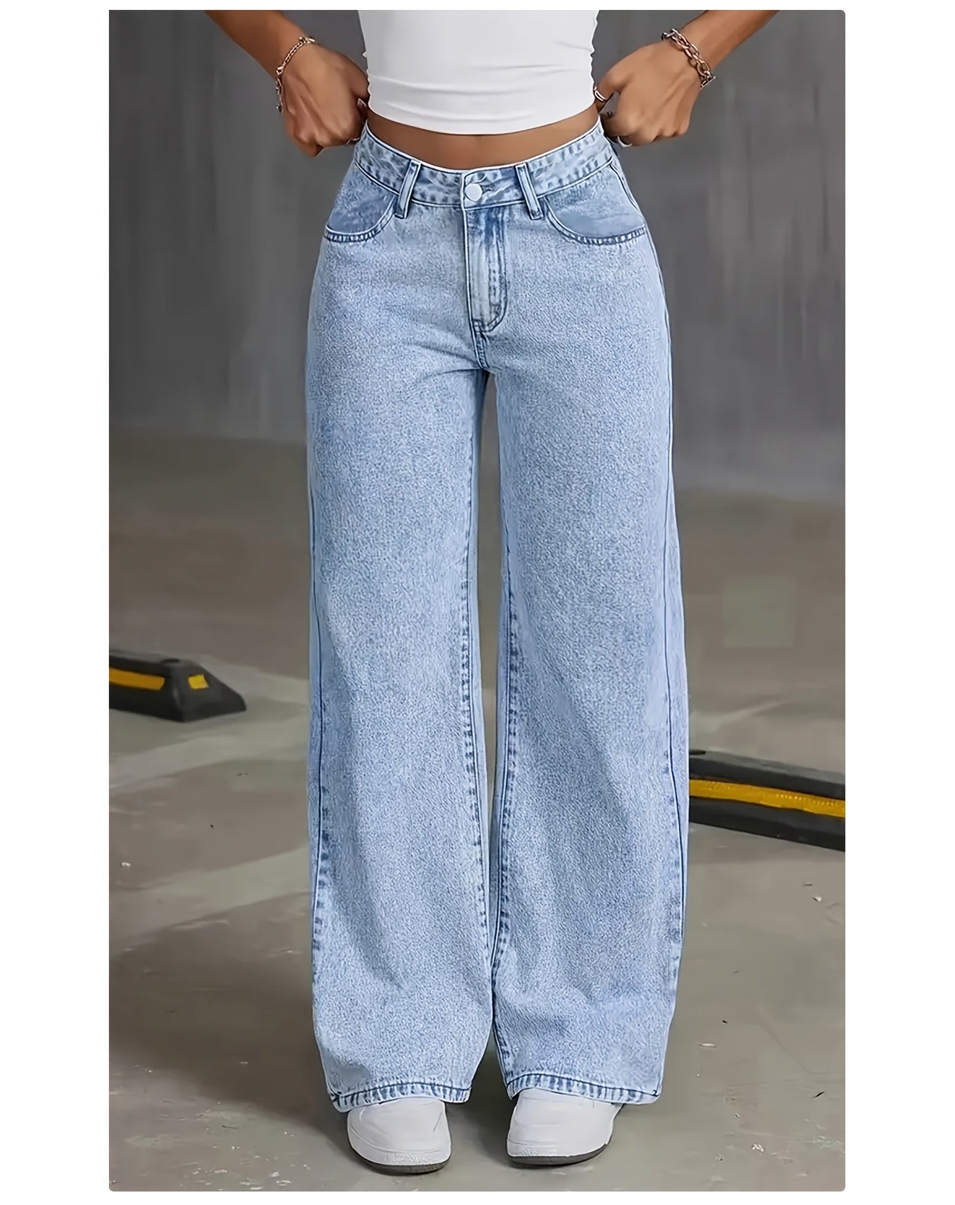 Women's 2025 new stretch loose wide leg straight jeans. acid wash light blue tummy control casual pants with pockets, high waisted comfort solid color pantalones, elegant ladies' clothing, denim trousers fit for travel, work