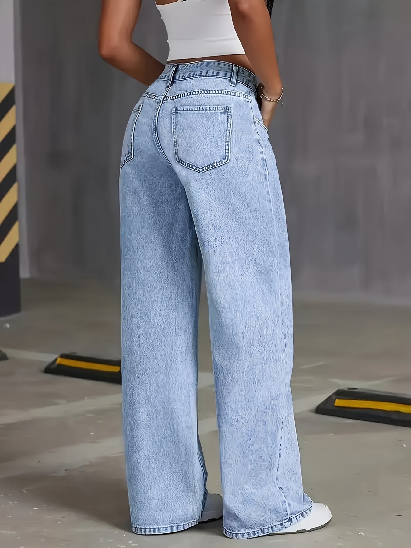 Women's 2025 new stretch loose wide leg straight jeans. acid wash light blue tummy control casual pants with pockets, high waisted comfort solid color pantalones, elegant ladies' clothing, denim trousers fit for travel, work