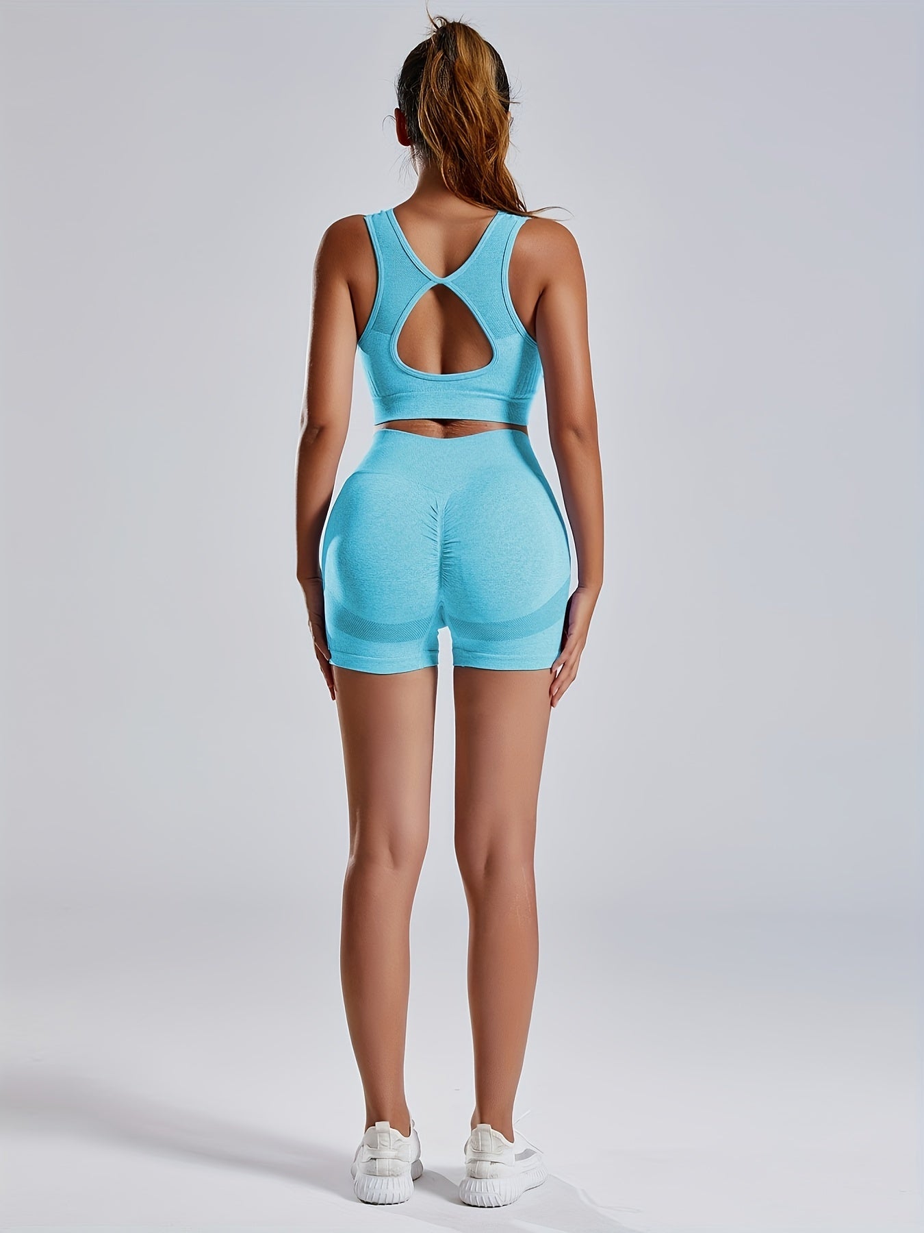 1set Women'S Seamless Sports Yoga Set - High Stretch Polyamide & Elastane Knit Fabric, Solid Color, All-Season, Regular Fit, Open Back Sports Bra & Butt Lifting Shorts Gym Wear