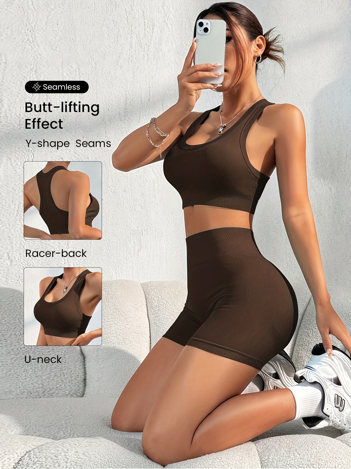 Women'S Seamless High Stretch Yoga Set - Ribbed Sports Bra & Shorts, 4-Way Stretch, Skin-Friendly, Solid Color, All-Season, Ribbed Detailing, High Waist, High Stretch Fabric, Skin-Friendly Material