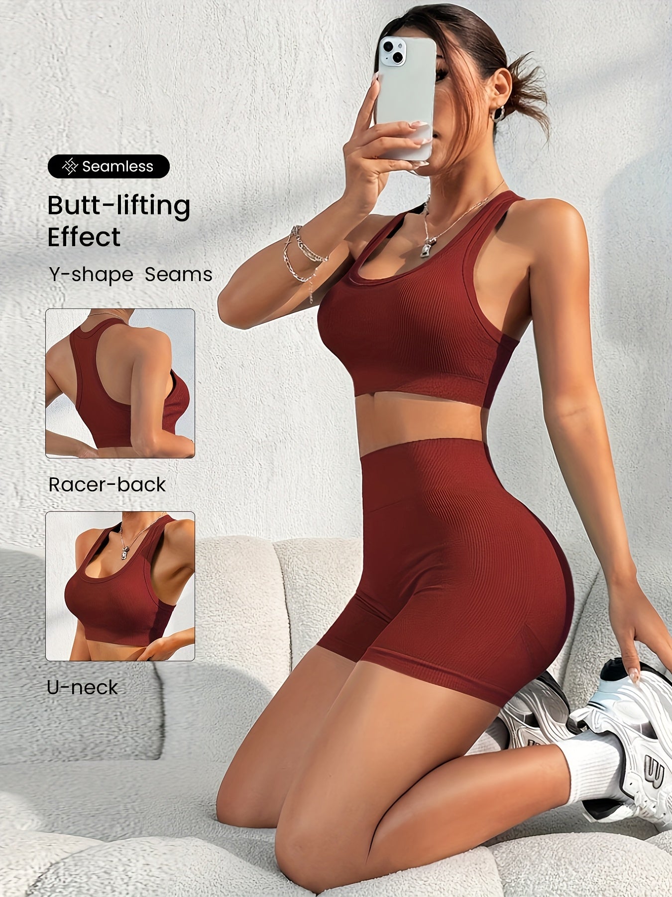 Women'S Seamless High Stretch Yoga Set - Ribbed Sports Bra & Shorts, 4-Way Stretch, Skin-Friendly, Solid Color, All-Season, Ribbed Detailing, High Waist, High Stretch Fabric, Skin-Friendly Material