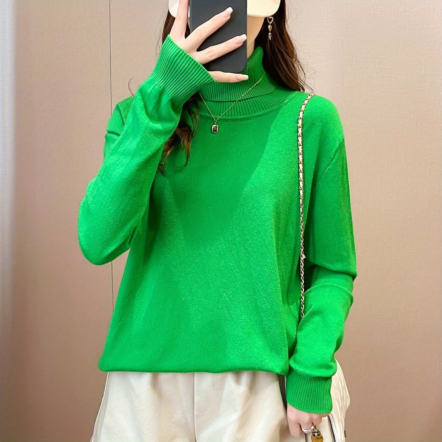 Simple Solid Turtle Neck Knitted Sweater, Elegant Long Sleeve Sweater For Fall & Winter, Women's Clothing