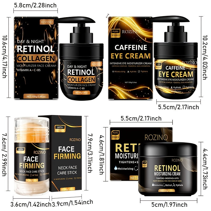 ROZINO Retinol Black Series Skincare 4pcs Set, Including Eye Cream, Face Cream, Neck Cream and Rich in Retinol Vitamin C, Moisturizing and Firming, Suitable for Face, Neck and Eye Area, Free from Fine Lines, Suitable for All