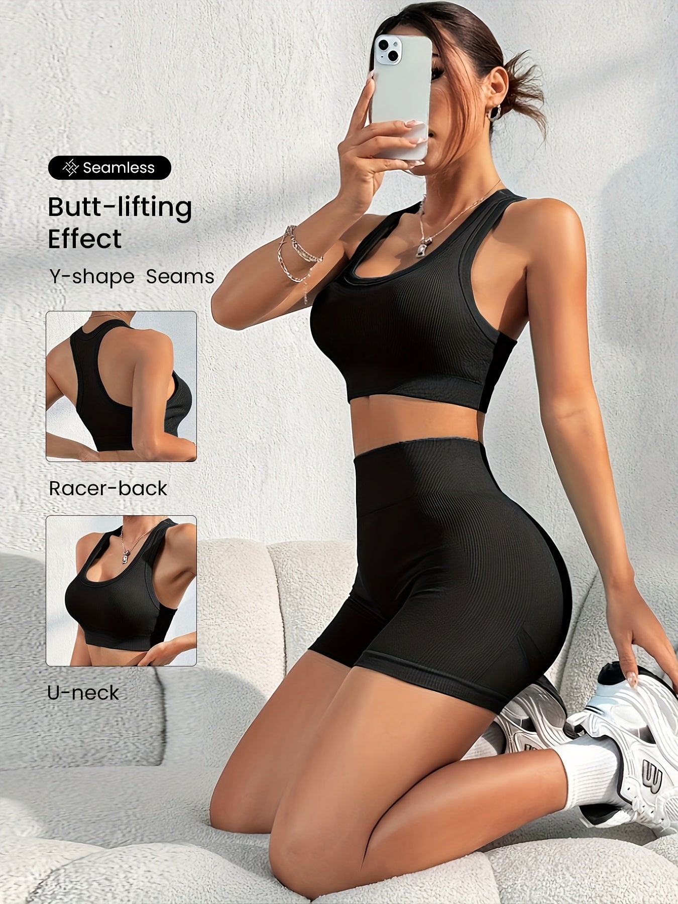 Women'S Seamless High Stretch Yoga Set - Ribbed Sports Bra & Shorts, 4-Way Stretch, Skin-Friendly, Solid Color, All-Season, Ribbed Detailing, High Waist, High Stretch Fabric, Skin-Friendly Material