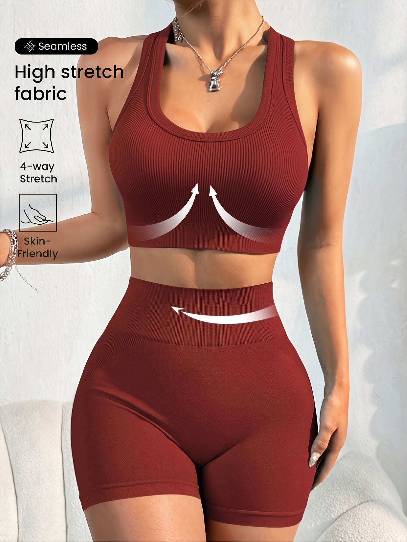 Women'S Seamless High Stretch Yoga Set - Ribbed Sports Bra & Shorts, 4-Way Stretch, Skin-Friendly, Solid Color, All-Season, Ribbed Detailing, High Waist, High Stretch Fabric, Skin-Friendly Material