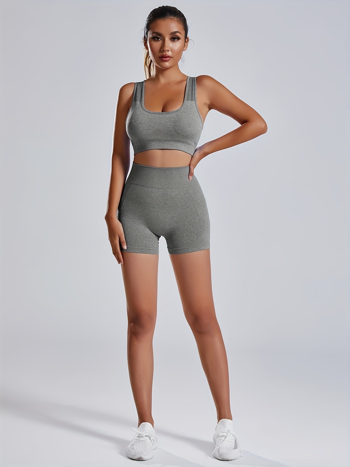 1set Women'S Seamless Sports Yoga Set - High Stretch Polyamide & Elastane Knit Fabric, Solid Color, All-Season, Regular Fit, Open Back Sports Bra & Butt Lifting Shorts Gym Wear