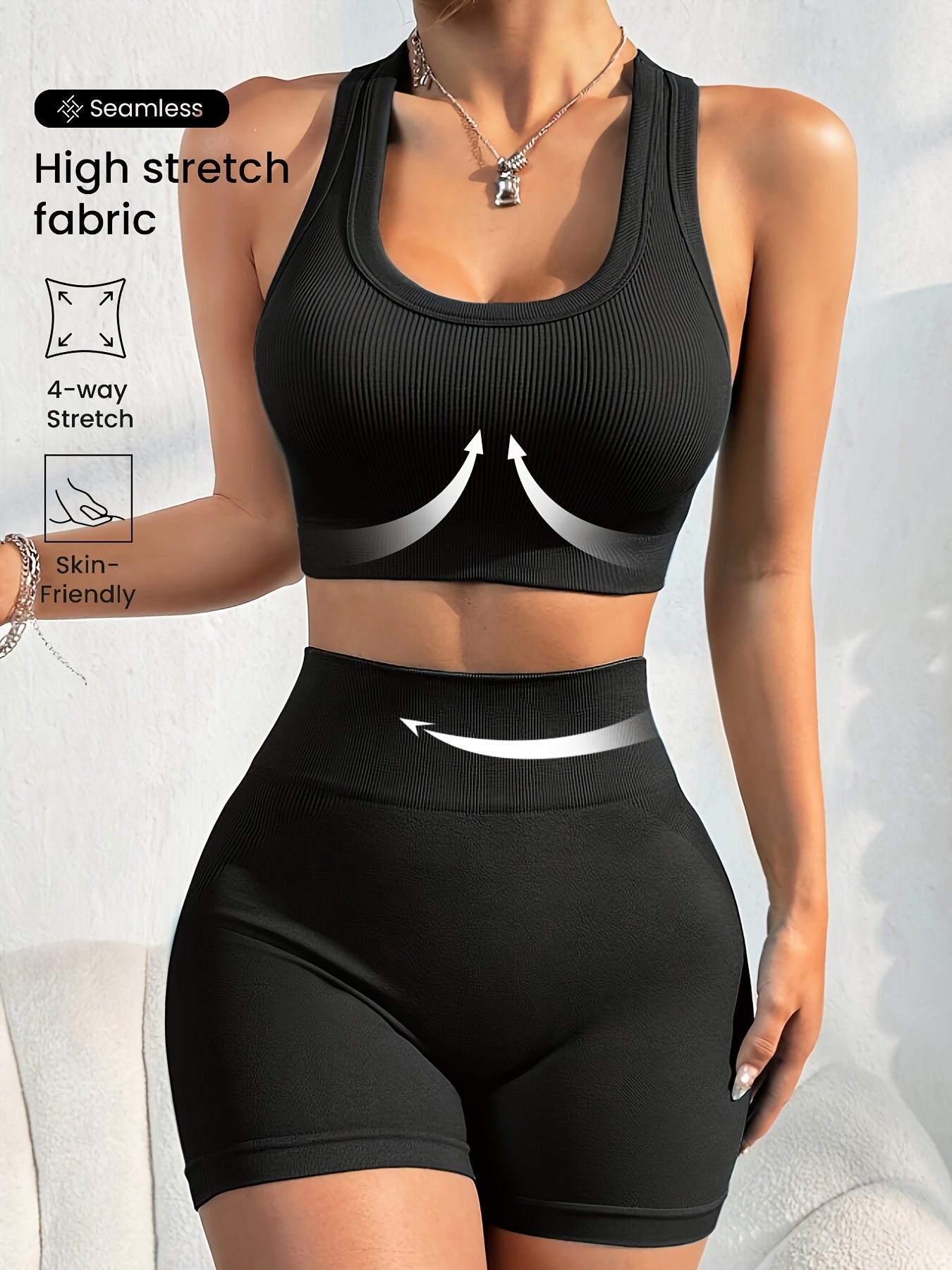Women'S Seamless High Stretch Yoga Set - Ribbed Sports Bra & Shorts, 4-Way Stretch, Skin-Friendly, Solid Color, All-Season, Ribbed Detailing, High Waist, High Stretch Fabric, Skin-Friendly Material