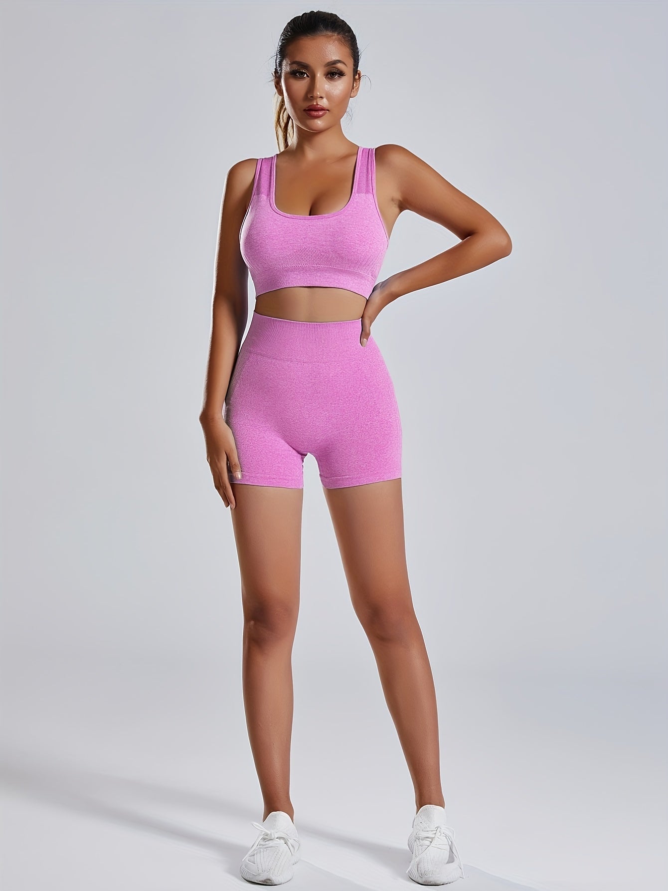 1set Women'S Seamless Sports Yoga Set - High Stretch Polyamide & Elastane Knit Fabric, Solid Color, All-Season, Regular Fit, Open Back Sports Bra & Butt Lifting Shorts Gym Wear