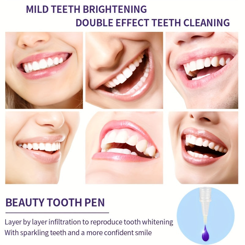 Purple Teeth Four-Piece Set, Toothpaste and Powder Whitening Pen, Brightens Teeth, Eliminates Bad Breath Stains and Odor, Daily Oral Cleaning for Fresh Breath, Cares for Gums, Boosts Confidence in Smile, Suitable for All Ages