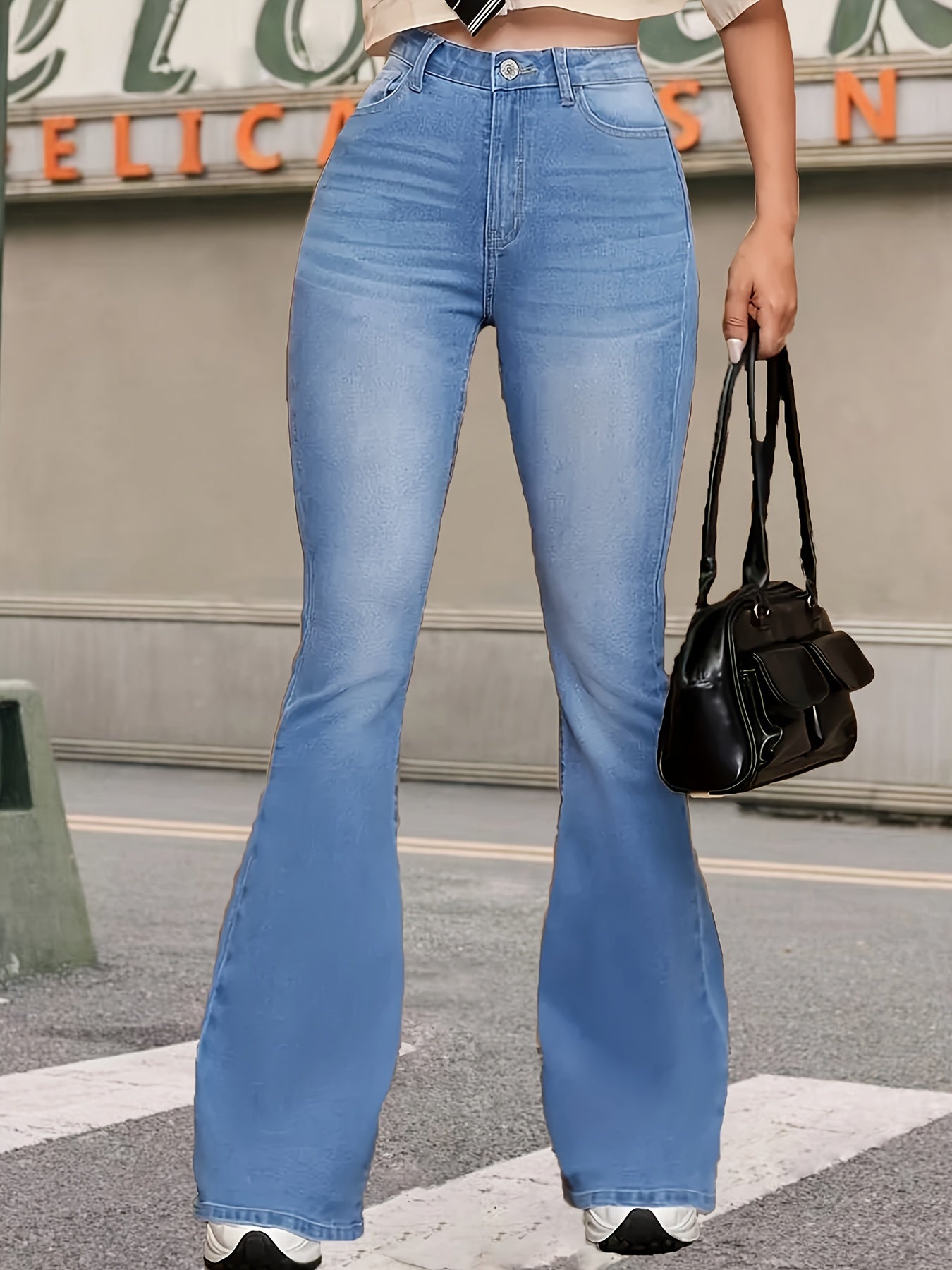 2025 New Fashion Elastic Light Blue Flared Jeans