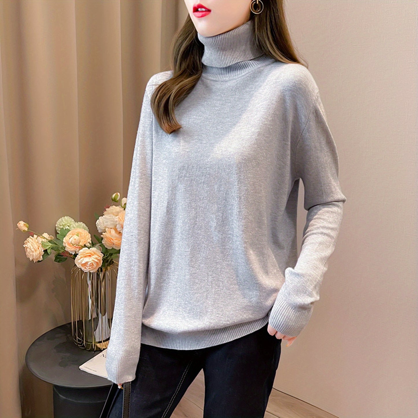 Simple Solid Turtle Neck Knitted Sweater, Elegant Long Sleeve Sweater For Fall & Winter, Women's Clothing
