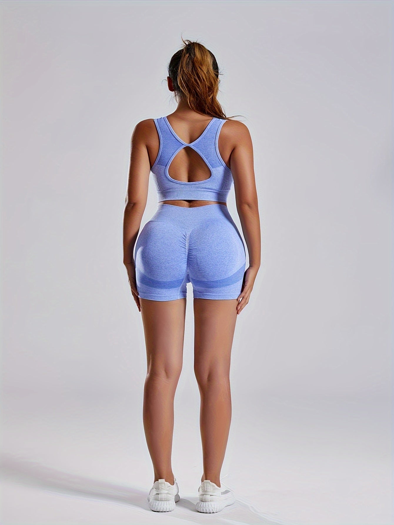 1set Women'S Seamless Sports Yoga Set - High Stretch Polyamide & Elastane Knit Fabric, Solid Color, All-Season, Regular Fit, Open Back Sports Bra & Butt Lifting Shorts Gym Wear