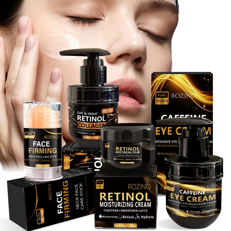 ROZINO Retinol Black Series Skincare 4pcs Set, Including Eye Cream, Face Cream, Neck Cream and Rich in Retinol Vitamin C, Moisturizing and Firming, Suitable for Face, Neck and Eye Area, Free from Fine Lines, Suitable for All