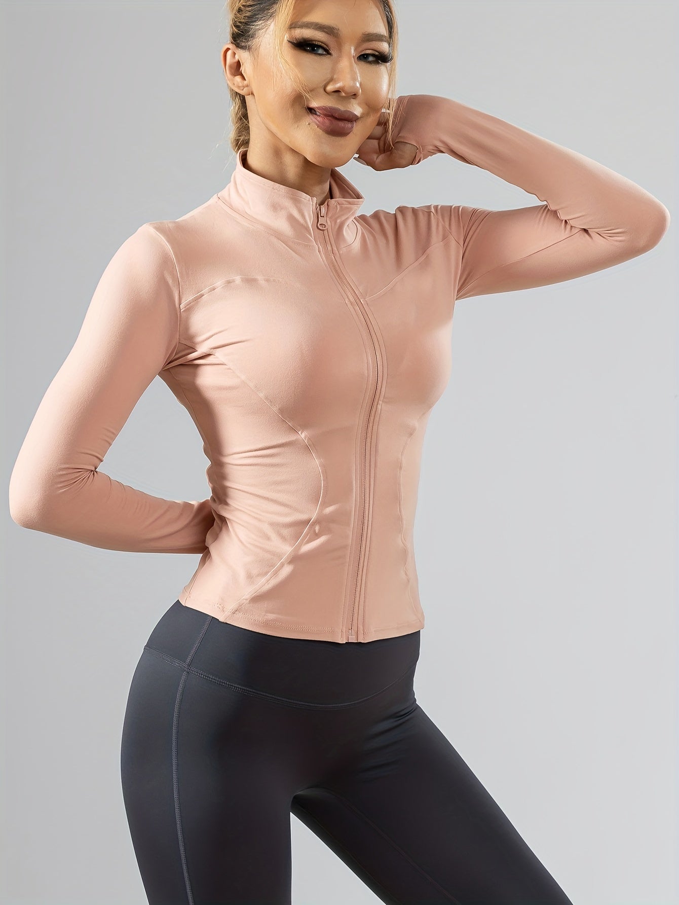 Women'S Quick-Dry Long Sleeve Zip-Up Sports Jacket - High Elasticity Breathable Yoga & Running Top with Front Pockets, Slim Fit All-Season Activewear for Gym, Outdoor Activities, Sleek Design, Durable Fabric