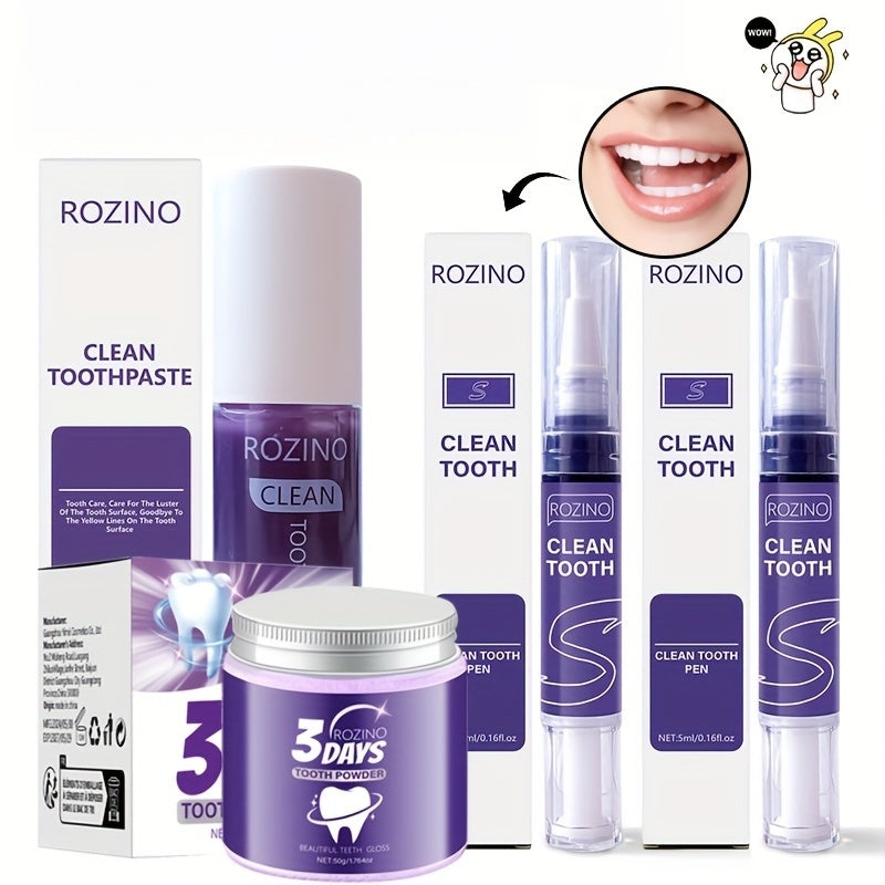 Purple Teeth Four-Piece Set, Toothpaste and Powder Whitening Pen, Brightens Teeth, Eliminates Bad Breath Stains and Odor, Daily Oral Cleaning for Fresh Breath, Cares for Gums, Boosts Confidence in Smile, Suitable for All Ages