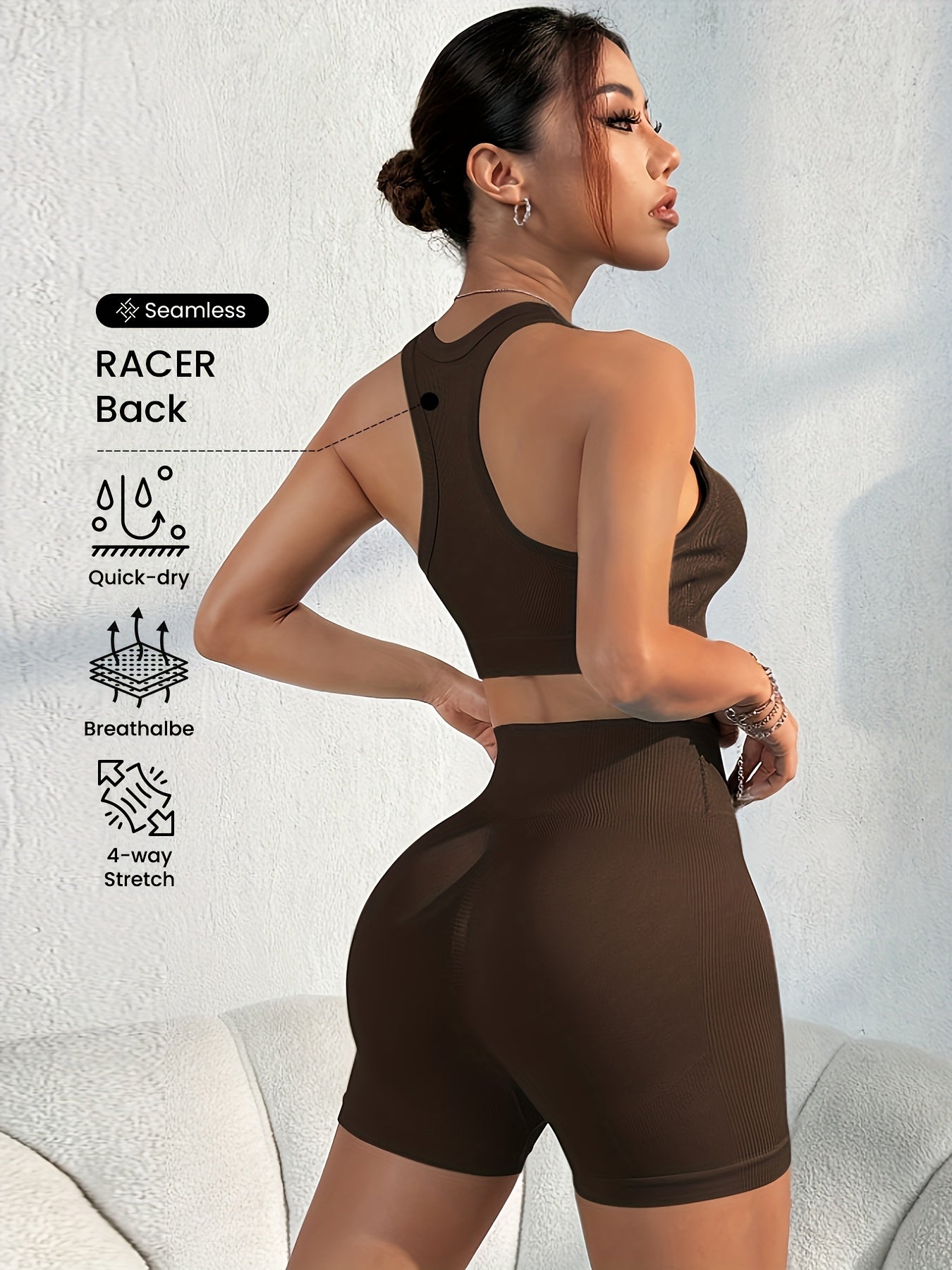 Women'S Seamless High Stretch Yoga Set - Ribbed Sports Bra & Shorts, 4-Way Stretch, Skin-Friendly, Solid Color, All-Season, Ribbed Detailing, High Waist, High Stretch Fabric, Skin-Friendly Material