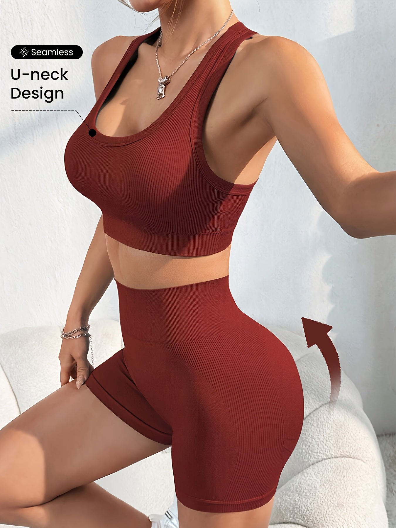 Women'S Seamless High Stretch Yoga Set - Ribbed Sports Bra & Shorts, 4-Way Stretch, Skin-Friendly, Solid Color, All-Season, Ribbed Detailing, High Waist, High Stretch Fabric, Skin-Friendly Material