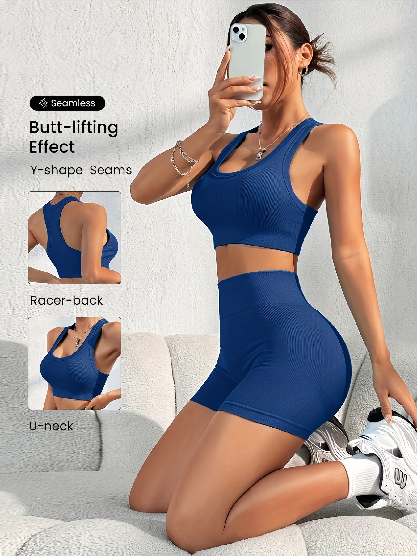 Women'S Seamless High Stretch Yoga Set - Ribbed Sports Bra & Shorts, 4-Way Stretch, Skin-Friendly, Solid Color, All-Season, Ribbed Detailing, High Waist, High Stretch Fabric, Skin-Friendly Material
