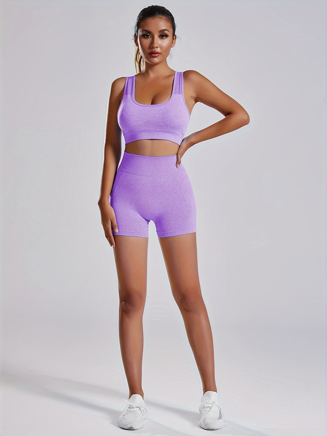 1set Women'S Seamless Sports Yoga Set - High Stretch Polyamide & Elastane Knit Fabric, Solid Color, All-Season, Regular Fit, Open Back Sports Bra & Butt Lifting Shorts Gym Wear