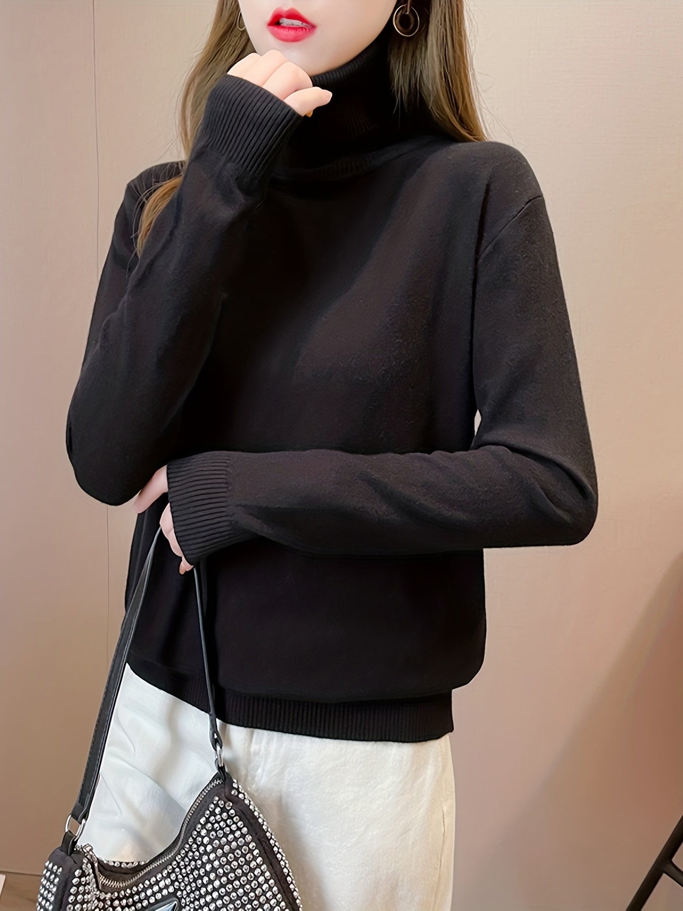 Simple Solid Turtle Neck Knitted Sweater, Elegant Long Sleeve Sweater For Fall & Winter, Women's Clothing