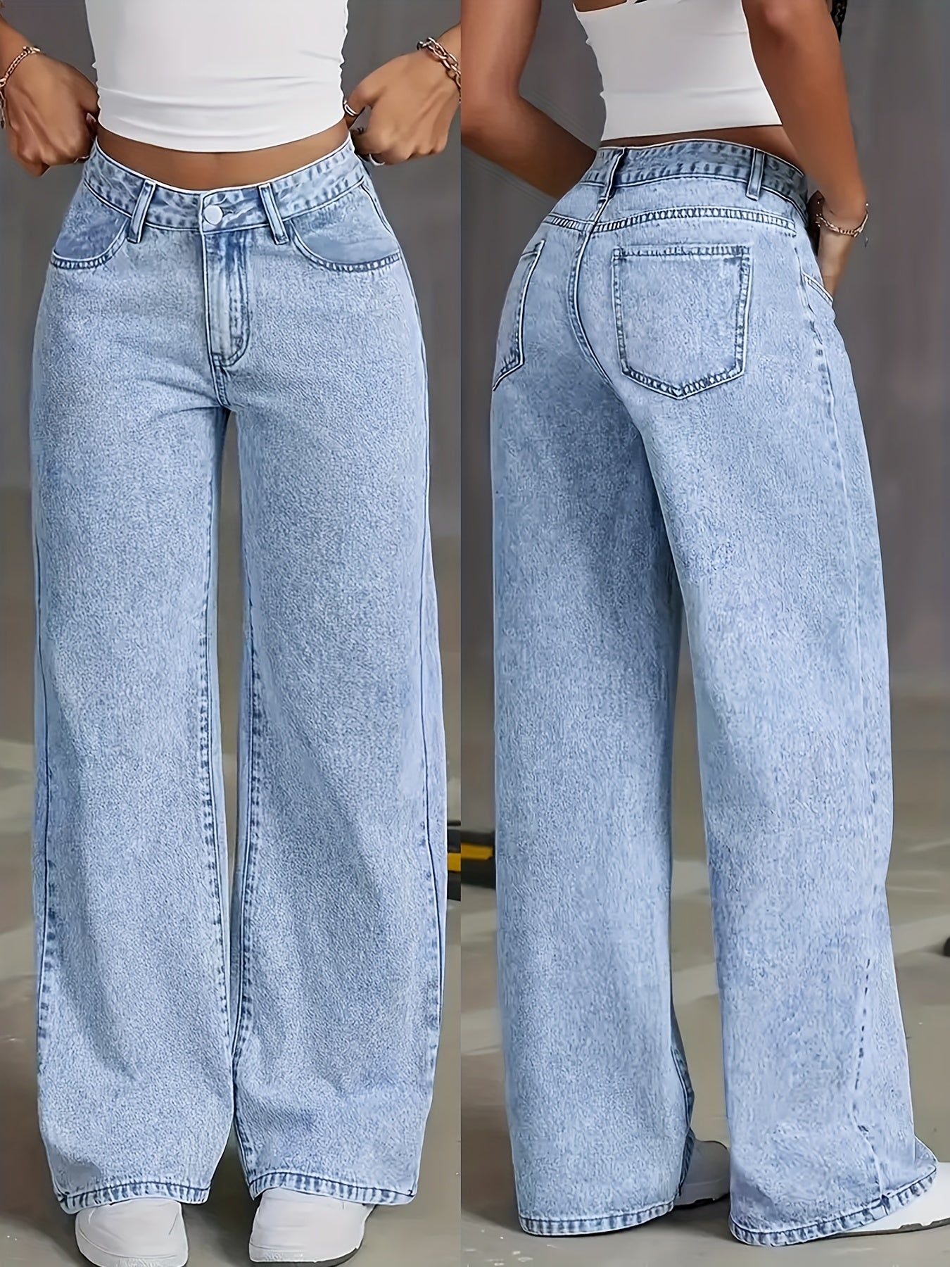 Women's 2025 new stretch loose wide leg straight jeans. acid wash light blue tummy control casual pants with pockets, high waisted comfort solid color pantalones, elegant ladies' clothing, denim trousers fit for travel, work