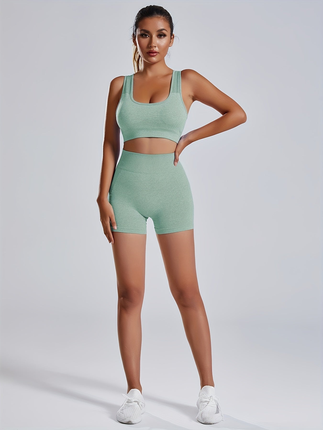 1set Women'S Seamless Sports Yoga Set - High Stretch Polyamide & Elastane Knit Fabric, Solid Color, All-Season, Regular Fit, Open Back Sports Bra & Butt Lifting Shorts Gym Wear