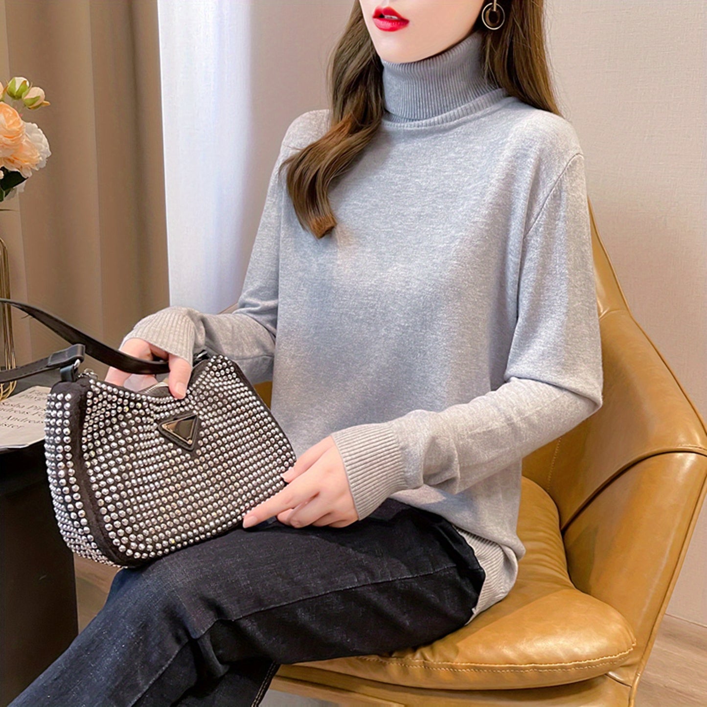 Simple Solid Turtle Neck Knitted Sweater, Elegant Long Sleeve Sweater For Fall & Winter, Women's Clothing