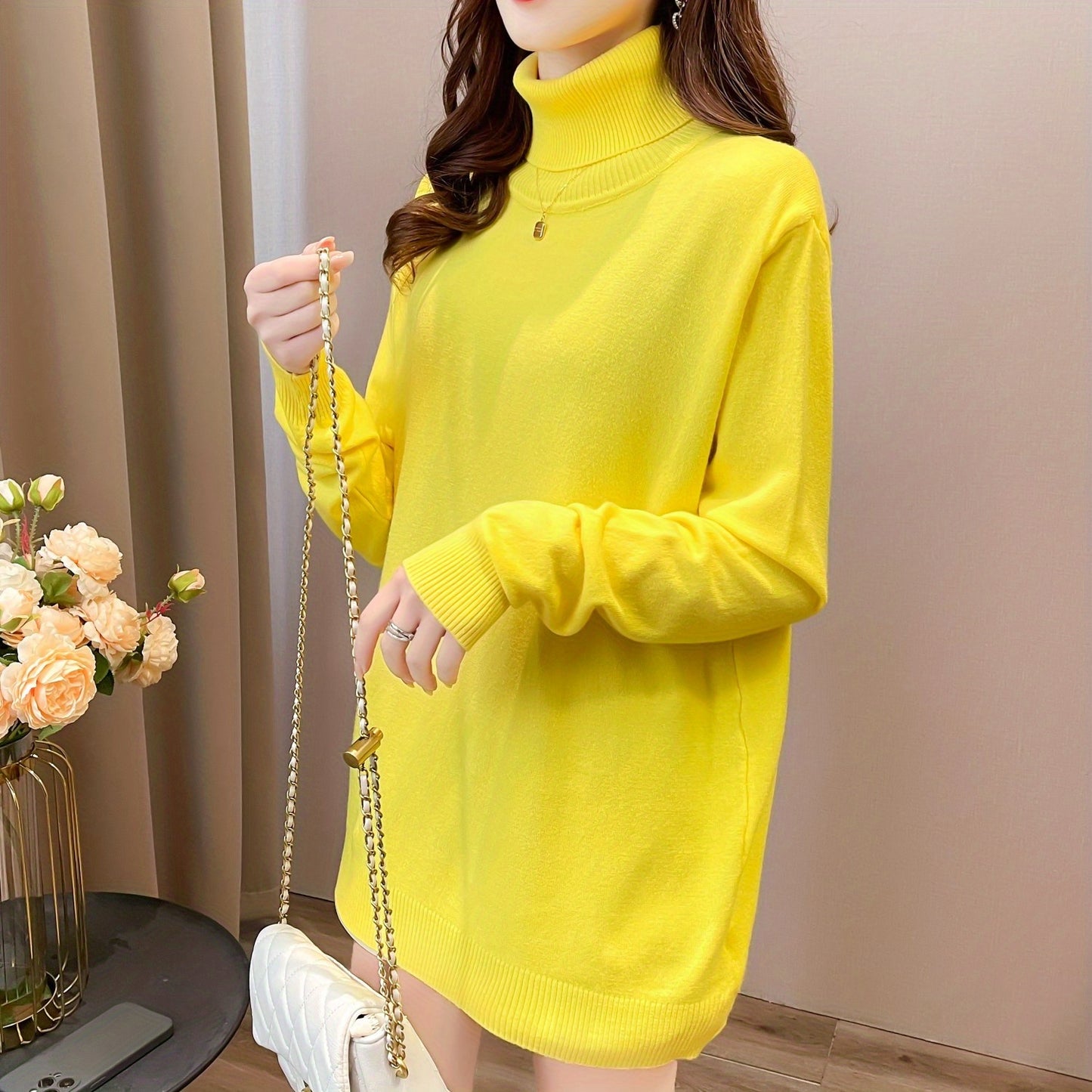 Simple Solid Turtle Neck Knitted Sweater, Elegant Long Sleeve Sweater For Fall & Winter, Women's Clothing