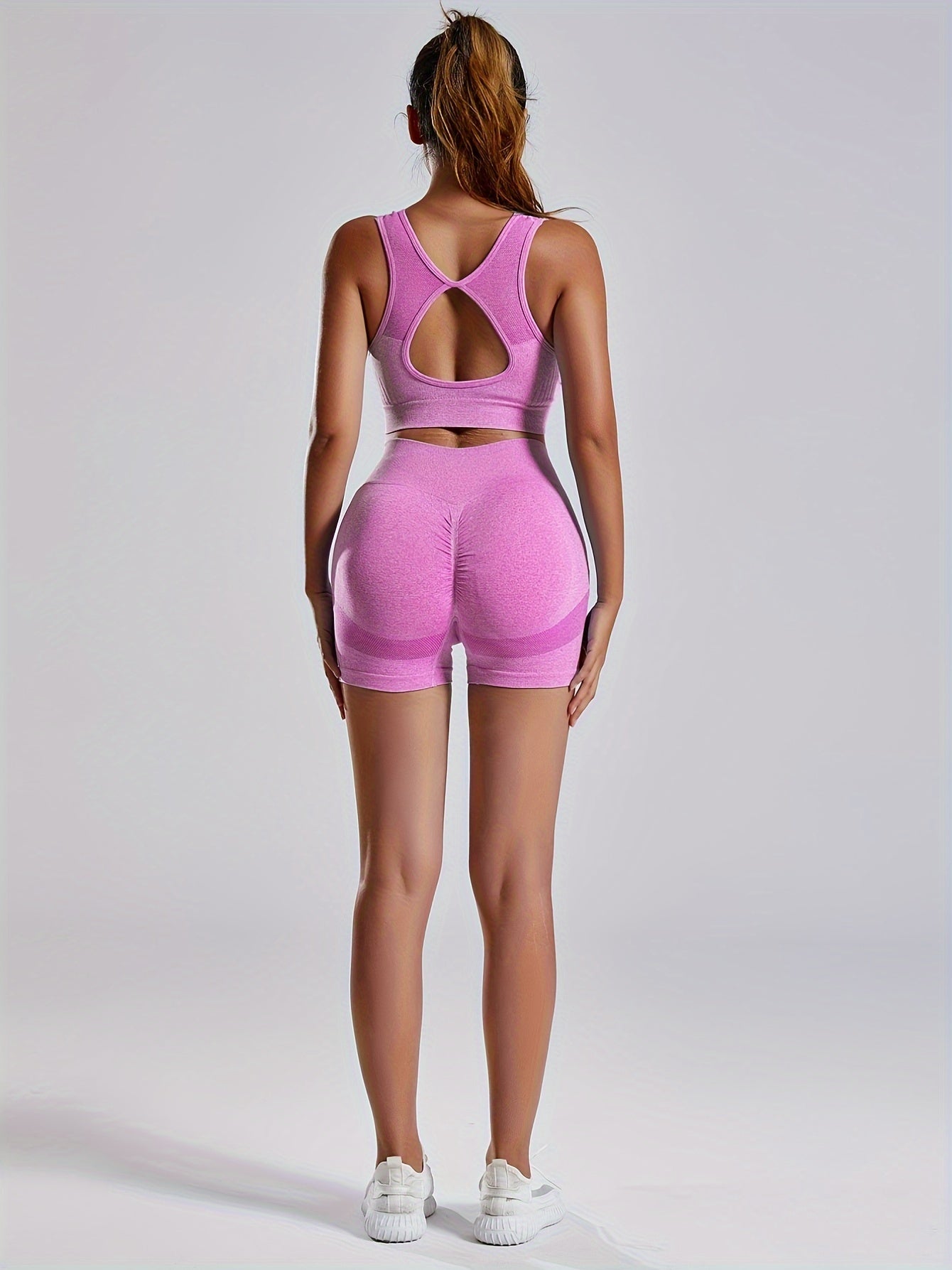 1set Women'S Seamless Sports Yoga Set - High Stretch Polyamide & Elastane Knit Fabric, Solid Color, All-Season, Regular Fit, Open Back Sports Bra & Butt Lifting Shorts Gym Wear