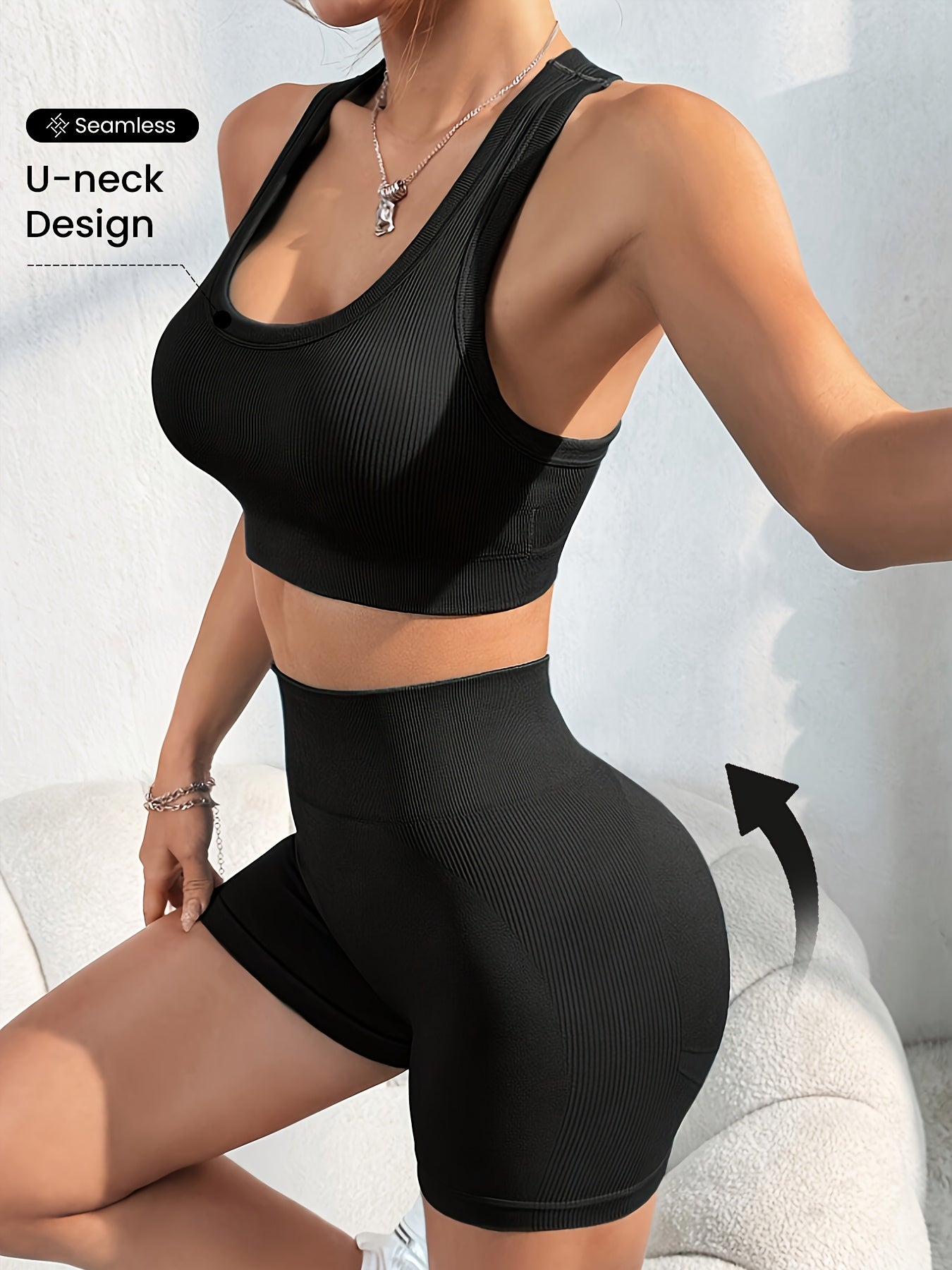 Women'S Seamless High Stretch Yoga Set - Ribbed Sports Bra & Shorts, 4-Way Stretch, Skin-Friendly, Solid Color, All-Season, Ribbed Detailing, High Waist, High Stretch Fabric, Skin-Friendly Material