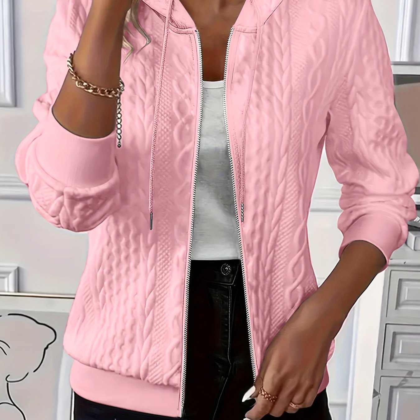 Stylish and Elegant 2025 Autumn/Winter New Arrival Solid Color Casual Jacket, Light Beige-Friendly Fabric Open Front Hooded Coat with Zipper Drawstring Long Sleeve Women's Pullover