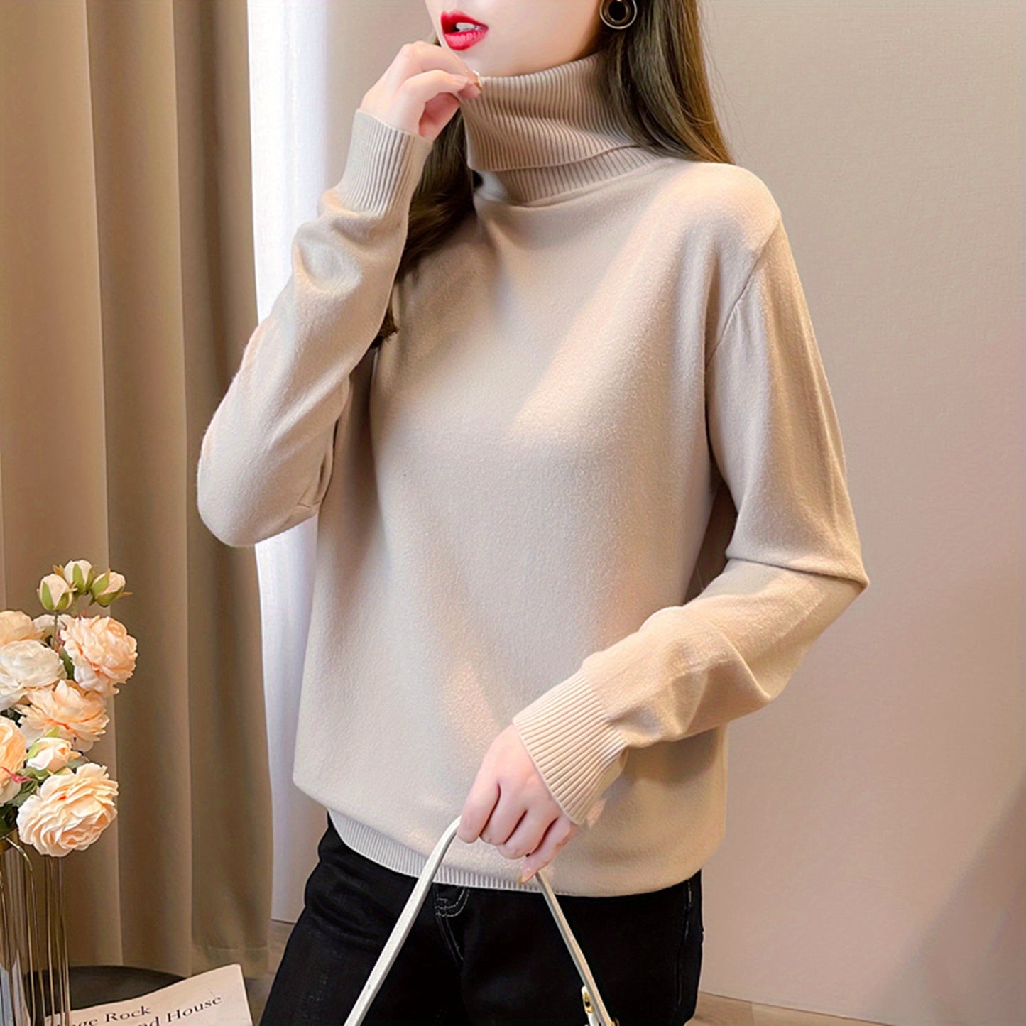 Simple Solid Turtle Neck Knitted Sweater, Elegant Long Sleeve Sweater For Fall & Winter, Women's Clothing