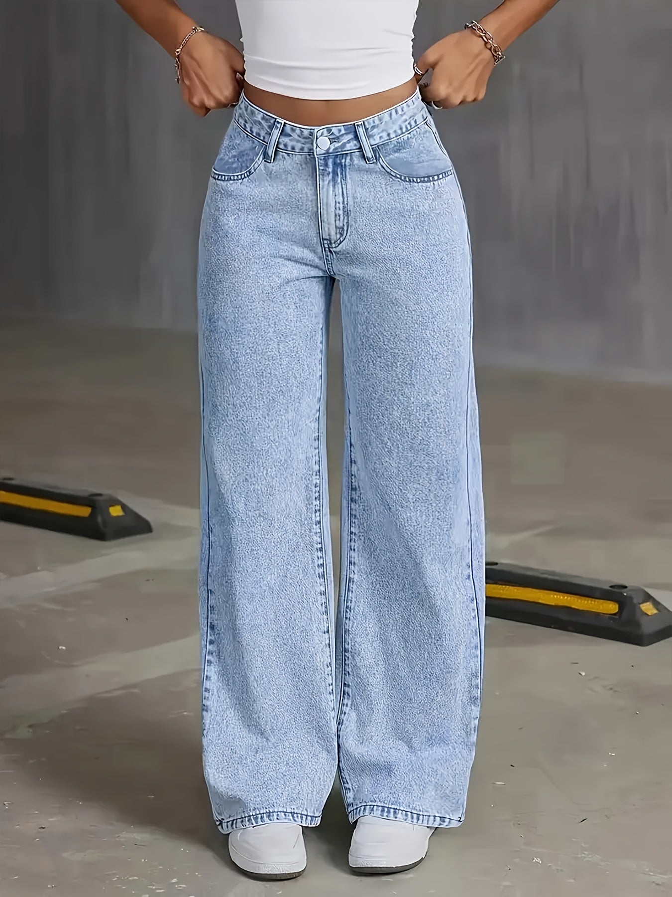Women's 2025 new stretch loose wide leg straight jeans. acid wash light blue tummy control casual pants with pockets, high waisted comfort solid color pantalones, elegant ladies' clothing, denim trousers fit for travel, work
