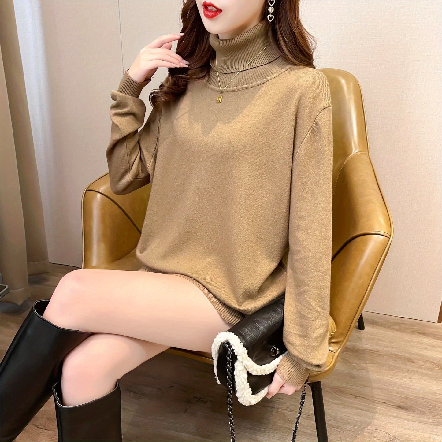 Simple Solid Turtle Neck Knitted Sweater, Elegant Long Sleeve Sweater For Fall & Winter, Women's Clothing