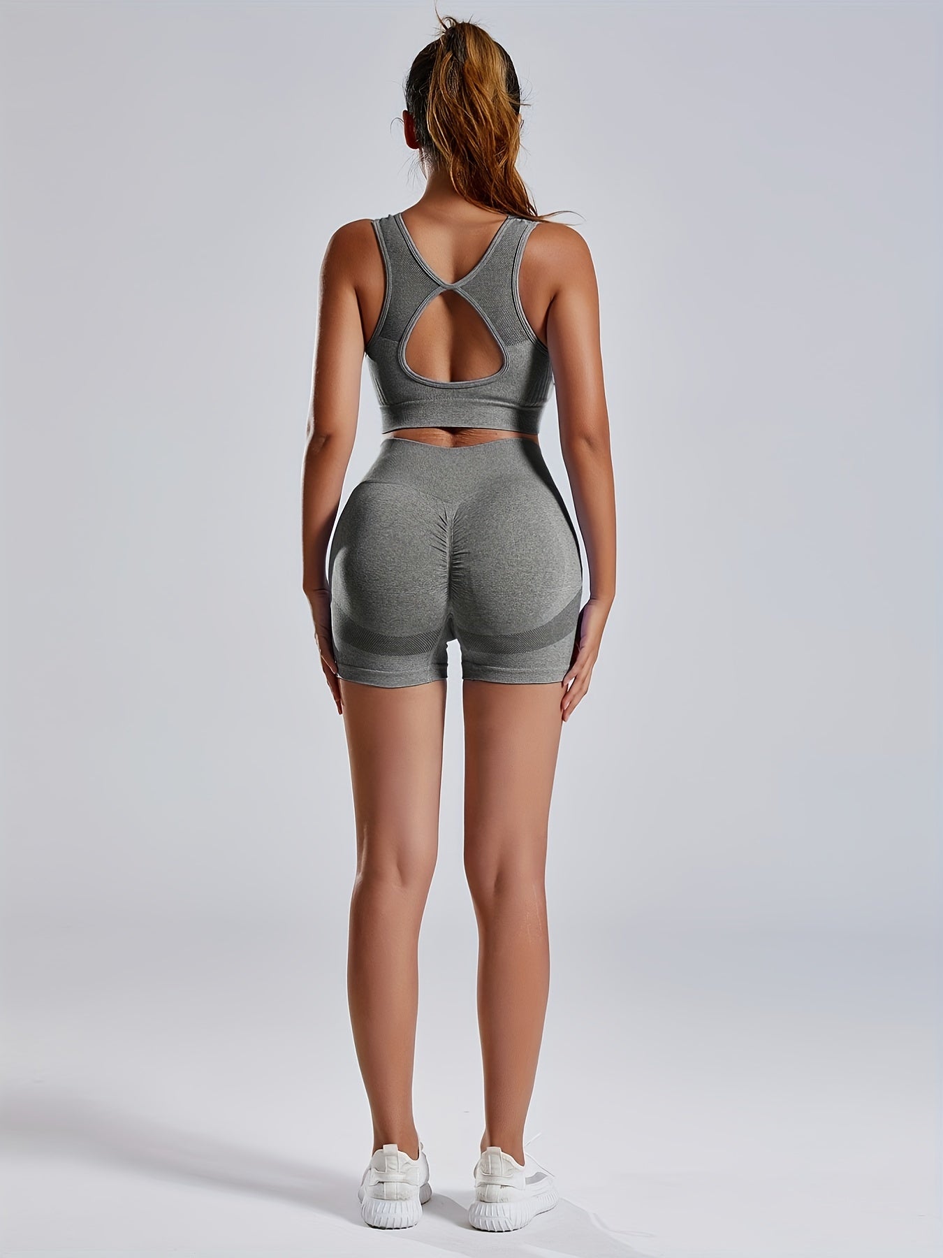 1set Women'S Seamless Sports Yoga Set - High Stretch Polyamide & Elastane Knit Fabric, Solid Color, All-Season, Regular Fit, Open Back Sports Bra & Butt Lifting Shorts Gym Wear