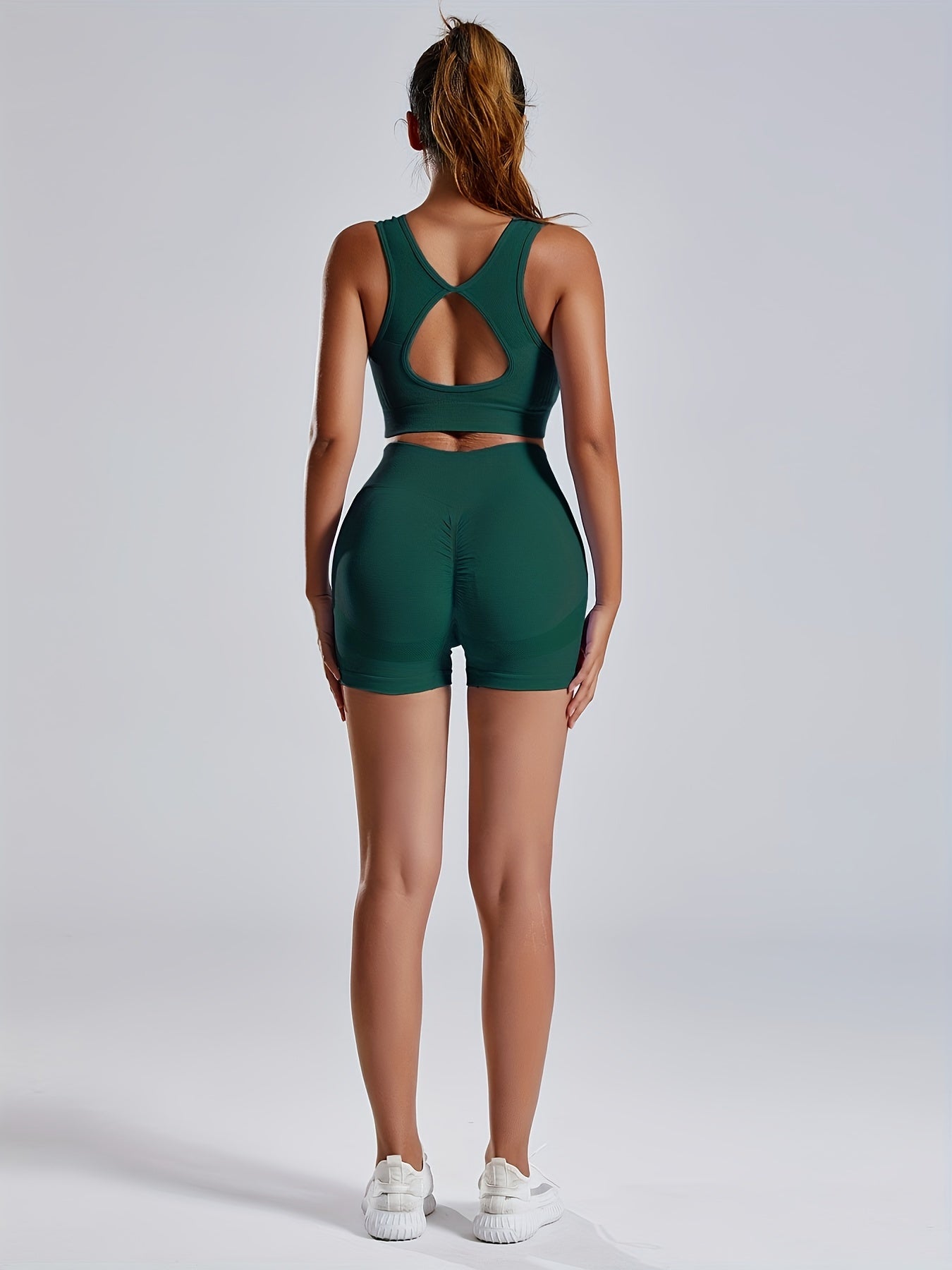 1set Women'S Seamless Sports Yoga Set - High Stretch Polyamide & Elastane Knit Fabric, Solid Color, All-Season, Regular Fit, Open Back Sports Bra & Butt Lifting Shorts Gym Wear