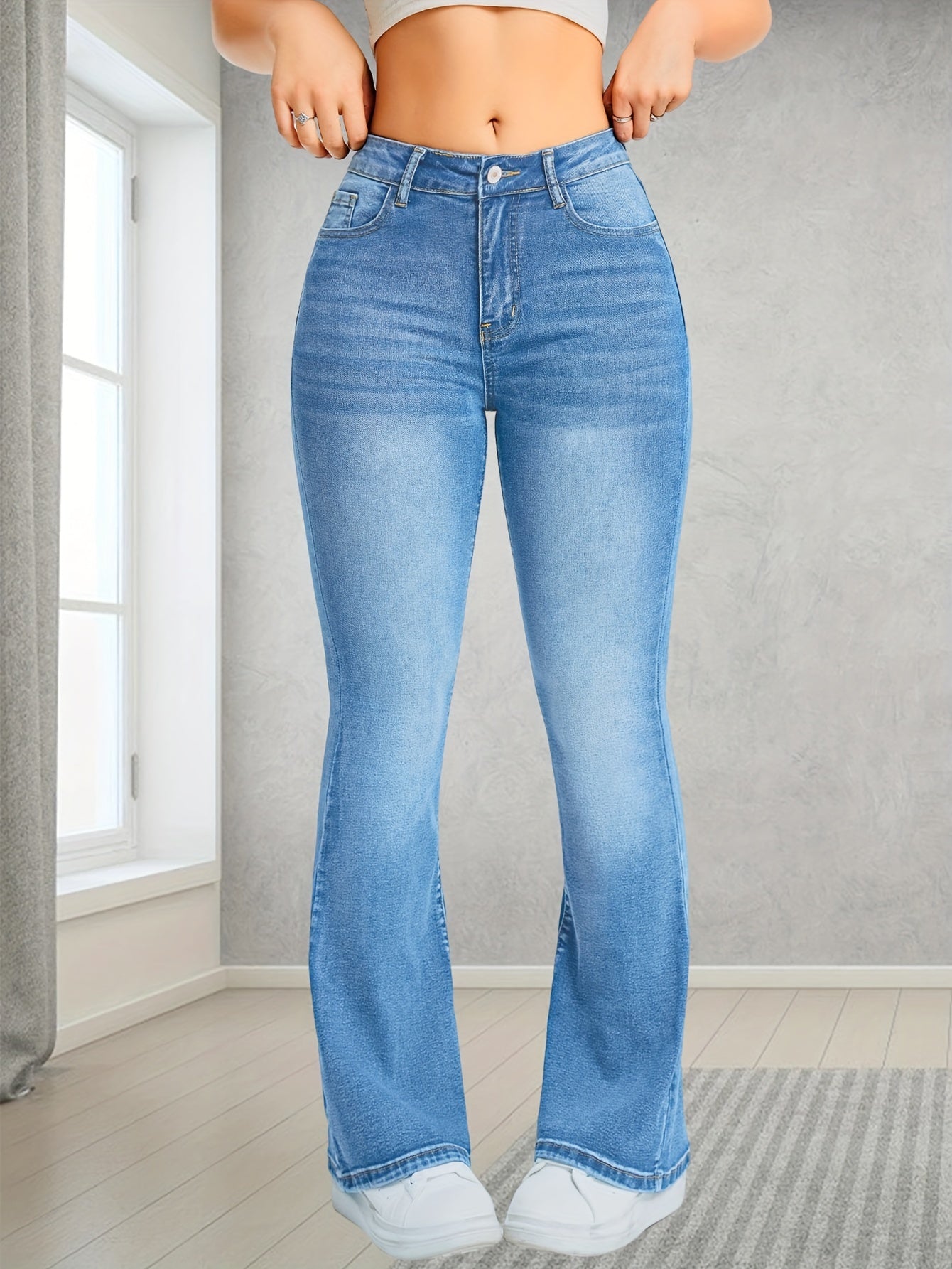 Preppy High Waist Skinny Jeans, Light Blue Stretchy Flared Denim Pants, Women'S Casual Weekend Wear, Polyester 27.60% 70.00% Spandex 2.40% Medium Stretch Washed Button Fly