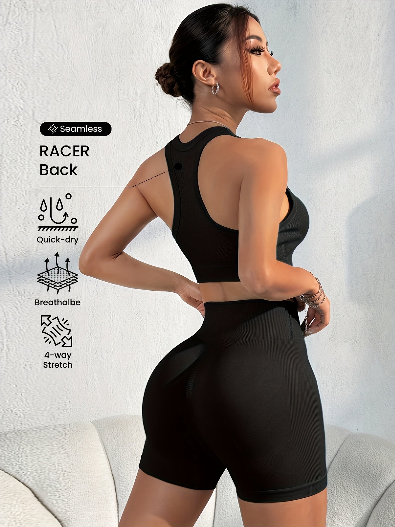 Women'S Seamless High Stretch Yoga Set - Ribbed Sports Bra & Shorts, 4-Way Stretch, Skin-Friendly, Solid Color, All-Season, Ribbed Detailing, High Waist, High Stretch Fabric, Skin-Friendly Material