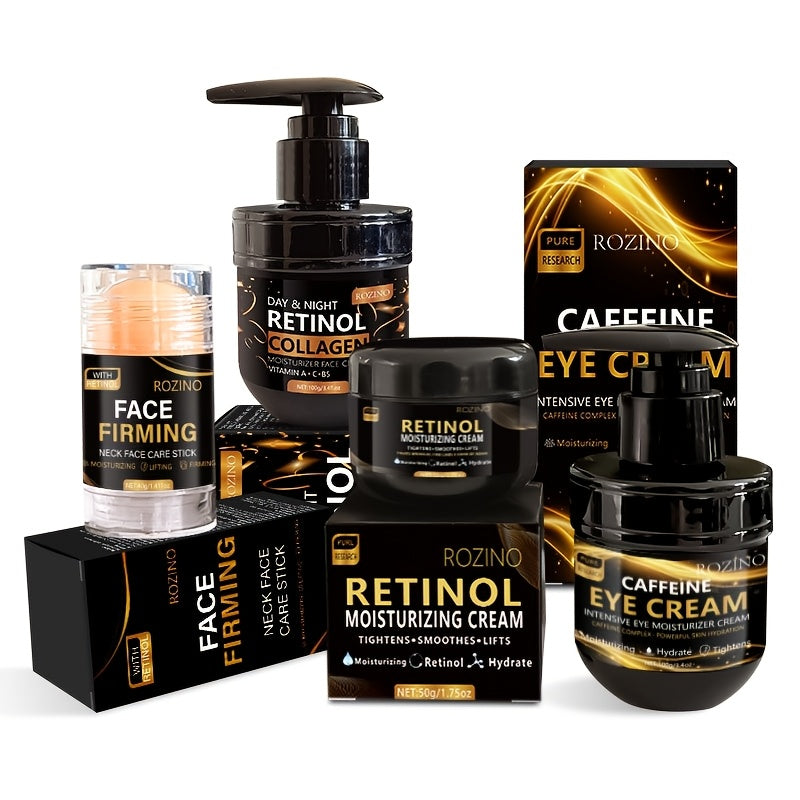 ROZINO Retinol Black Series Skincare 4pcs Set, Including Eye Cream, Face Cream, Neck Cream and Rich in Retinol Vitamin C, Moisturizing and Firming, Suitable for Face, Neck and Eye Area, Free from Fine Lines, Suitable for All