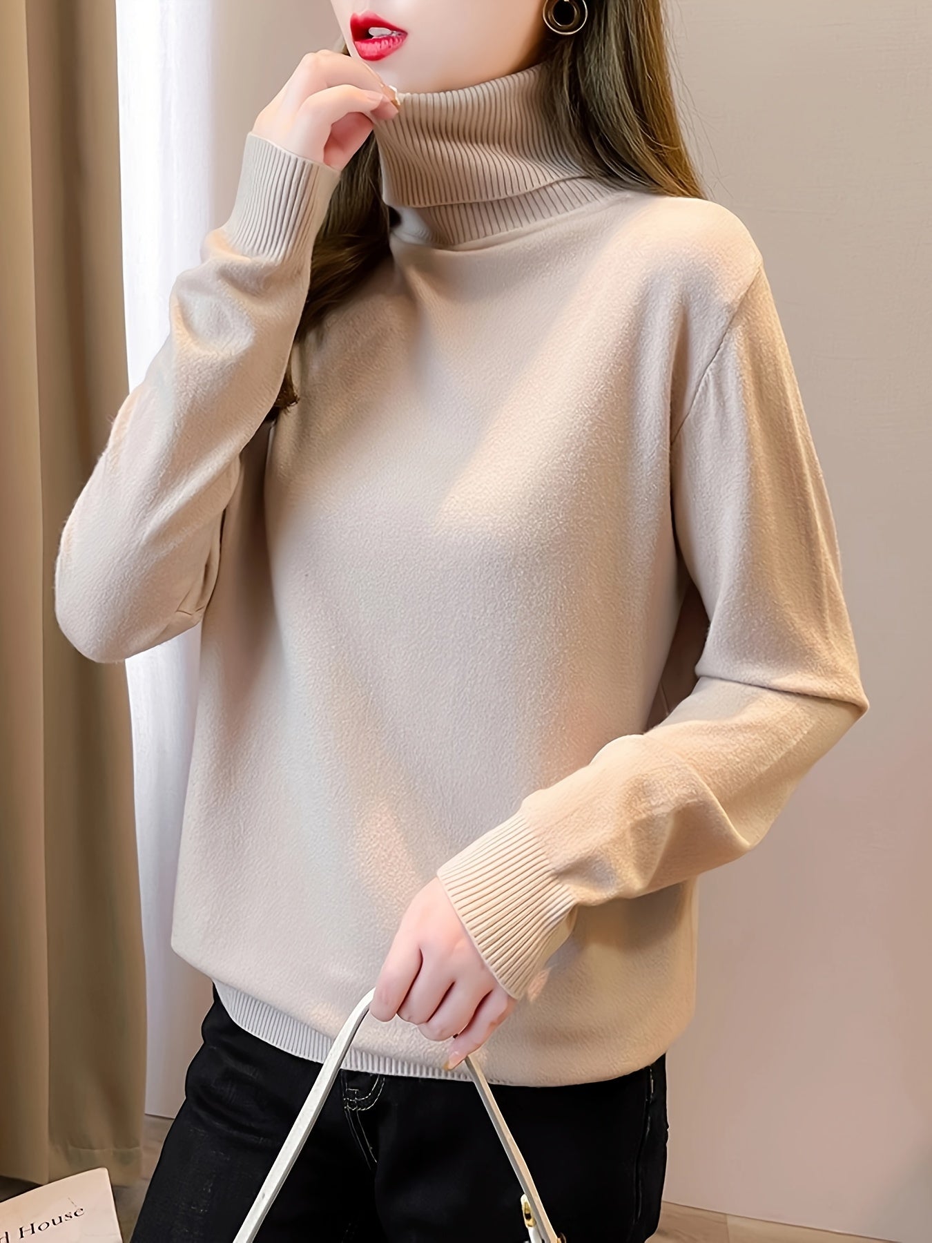 Simple Solid Turtle Neck Knitted Sweater, Elegant Long Sleeve Sweater For Fall & Winter, Women's Clothing