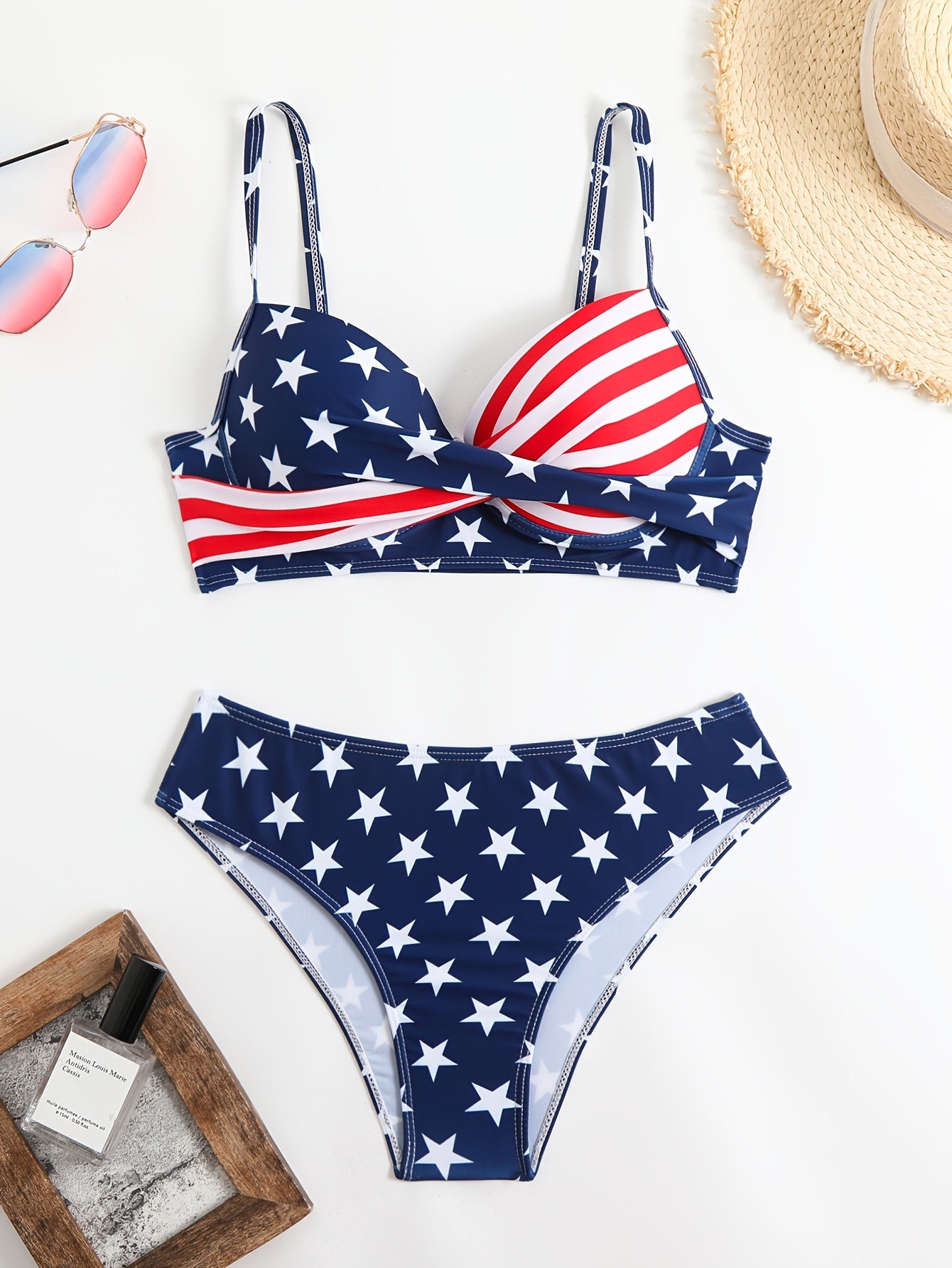 European and American Sexy Flag Cross-Strap Splicing Hard Cup Bikini Two-Piece Set
