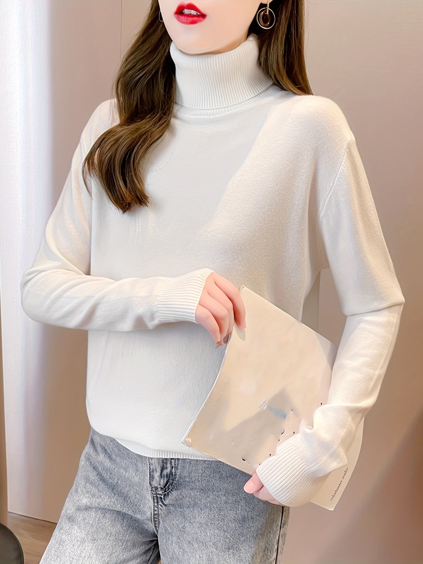 Simple Solid Turtle Neck Knitted Sweater, Elegant Long Sleeve Sweater For Fall & Winter, Women's Clothing