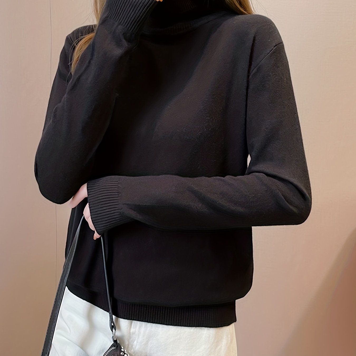 Simple Solid Turtle Neck Knitted Sweater, Elegant Long Sleeve Sweater For Fall & Winter, Women's Clothing