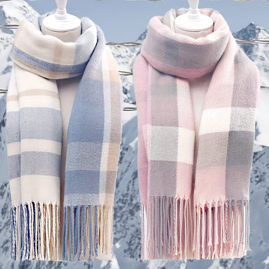 1pc Women'S New Autumn And Winter Fresh Elegant Faux Cashmere Plaid Fringe Scarf, Stylish And Versatile Warm Neck Wrap.