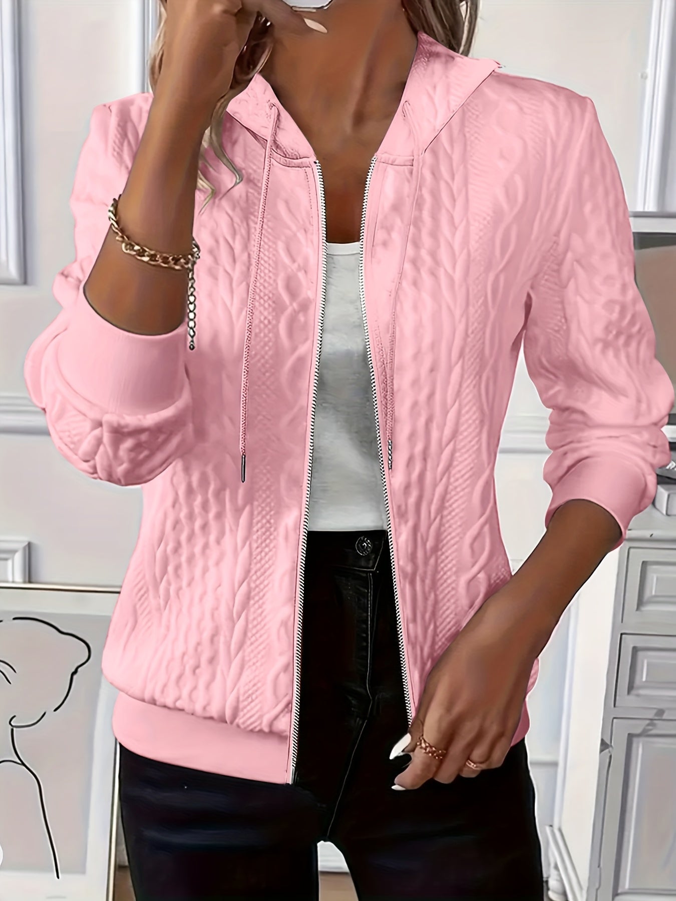 Stylish and Elegant 2025 Autumn/Winter New Arrival Solid Color Casual Jacket, Light Beige-Friendly Fabric Open Front Hooded Coat with Zipper Drawstring Long Sleeve Women's Pullover