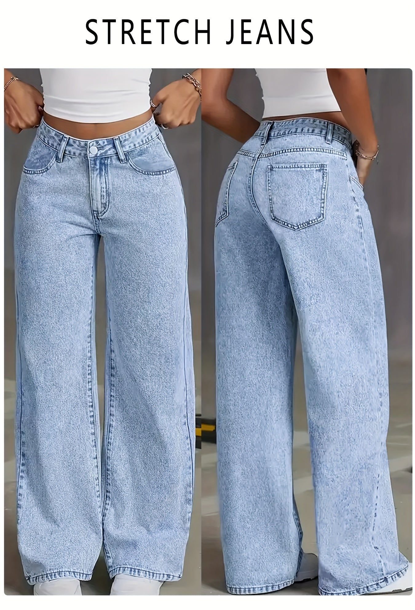 Women's 2025 new stretch loose wide leg straight jeans. acid wash light blue tummy control casual pants with pockets, high waisted comfort solid color pantalones, elegant ladies' clothing, denim trousers fit for travel, work