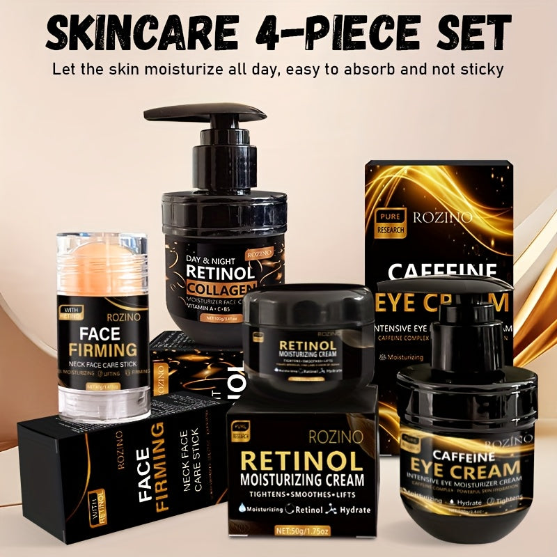 ROZINO Retinol Black Series Skincare 4pcs Set, Including Eye Cream, Face Cream, Neck Cream and Rich in Retinol Vitamin C, Moisturizing and Firming, Suitable for Face, Neck and Eye Area, Free from Fine Lines, Suitable for All
