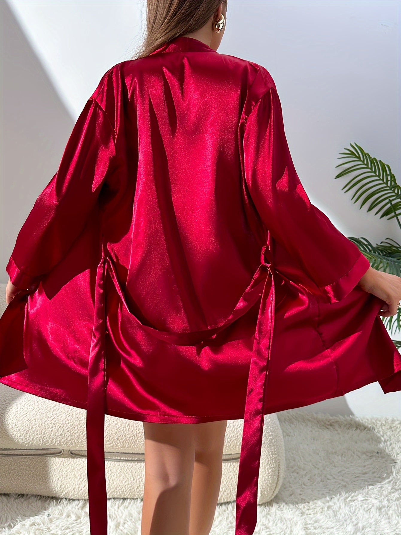 2-Pack Women's Sexy Satin Robe Set, Backless Butterfly Sleepwear, Tie Waist Home Loungewear, Polyester, Solid Color, Adult Size, Woven Fabric