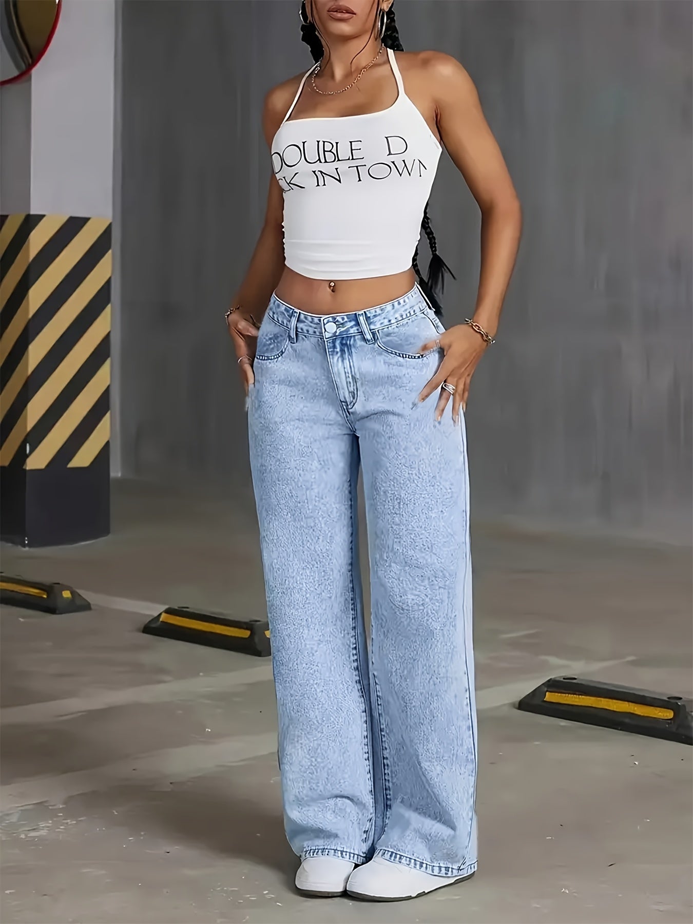 Women's 2025 new stretch loose wide leg straight jeans. acid wash light blue tummy control casual pants with pockets, high waisted comfort solid color pantalones, elegant ladies' clothing, denim trousers fit for travel, work
